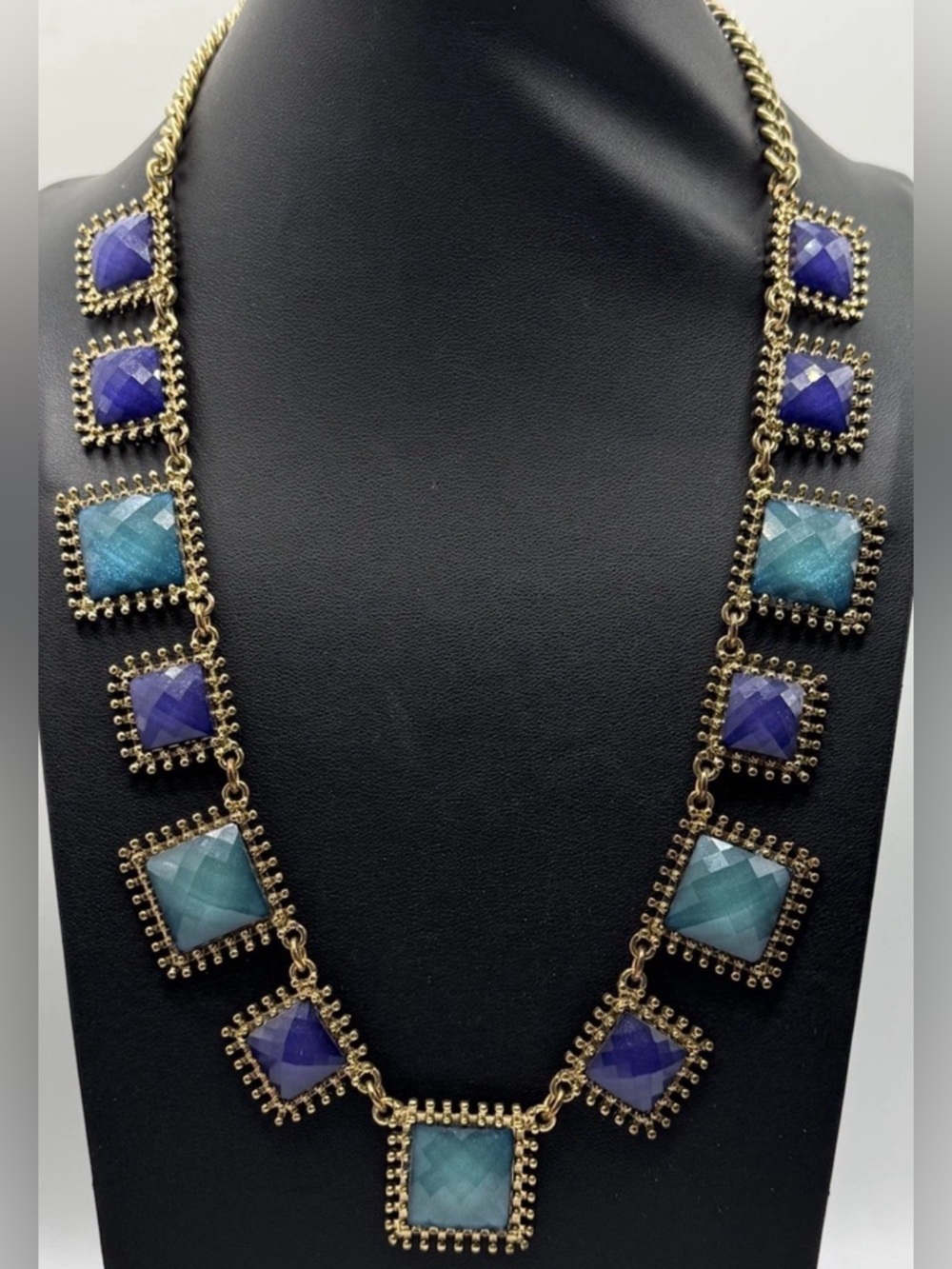 Mika Gold Tone Blue & Teal Square Gemstone Station Link Statement Necklace